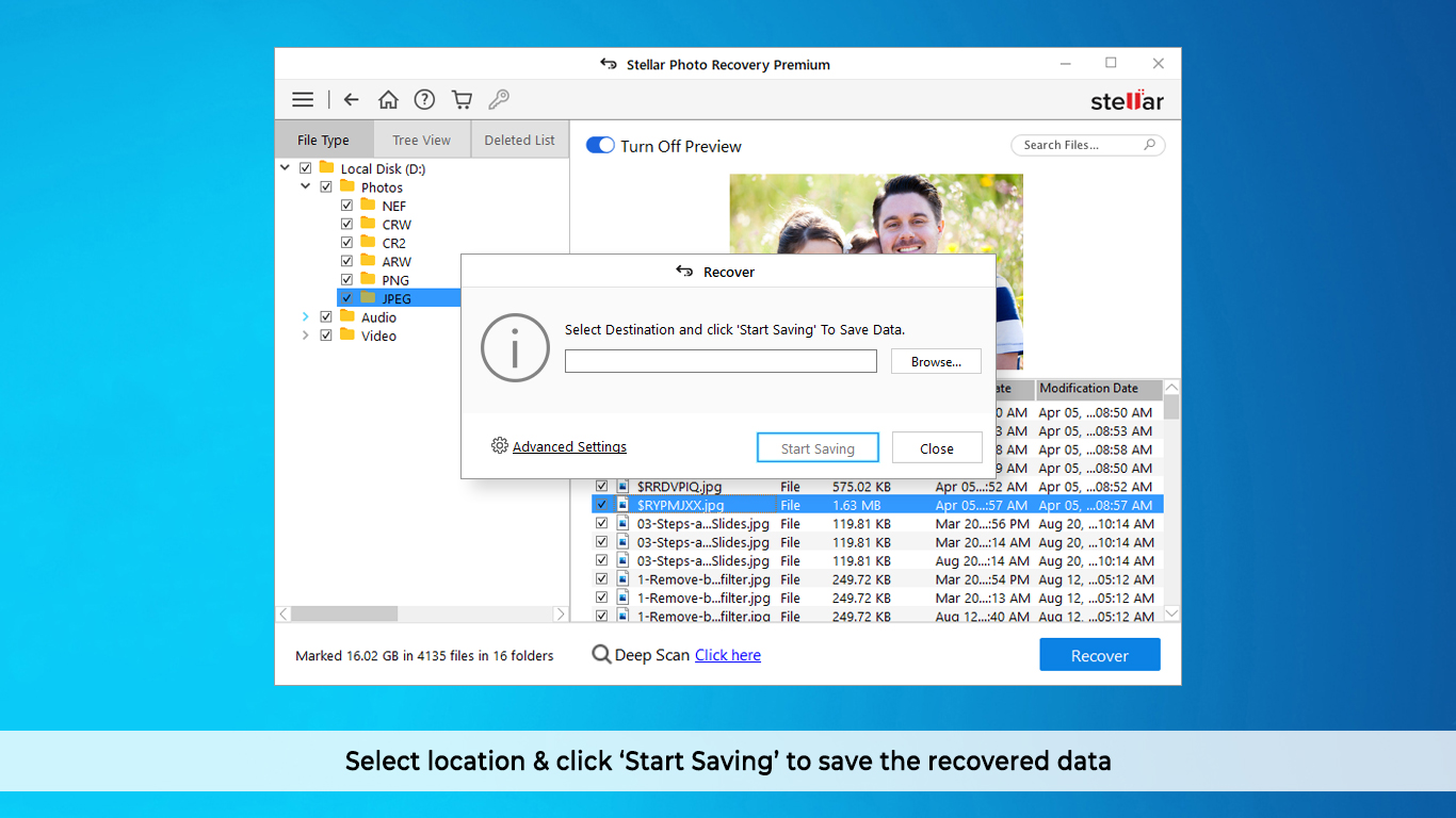 Recovers lost, deleted or formatted photos, music, and video files.